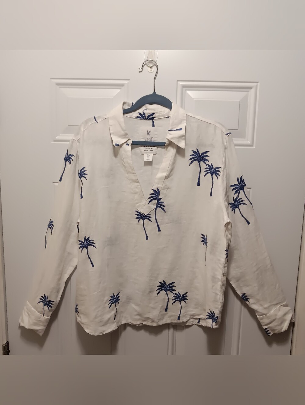 Calypso St. Barthe| Linen Top Palm Trees Coastal Vacation Travel Sz L - Picture 1 of 6